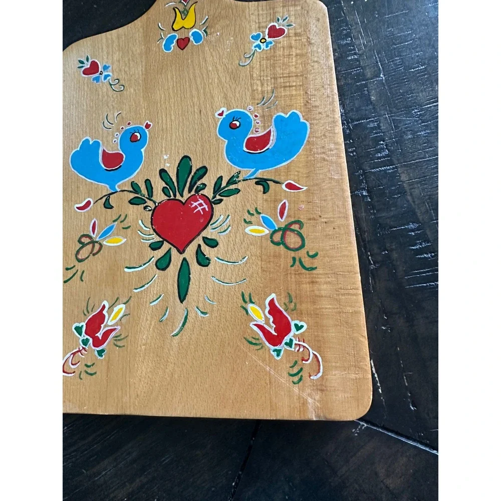 Vintage Hand Painted Wood Cutting Board Folk Art Blue Birds Heart Decorative